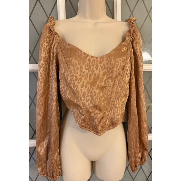 Milk & Honey Satin Corset Top Womens XL Long Sleeve Leopard Print Smocked Blouse - Picture 2 of 7
